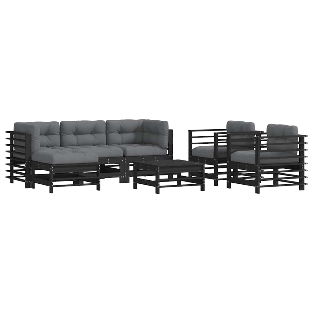 7-tlg. Garten-Lounge-Set mit Kissen Schwarz Massivholz