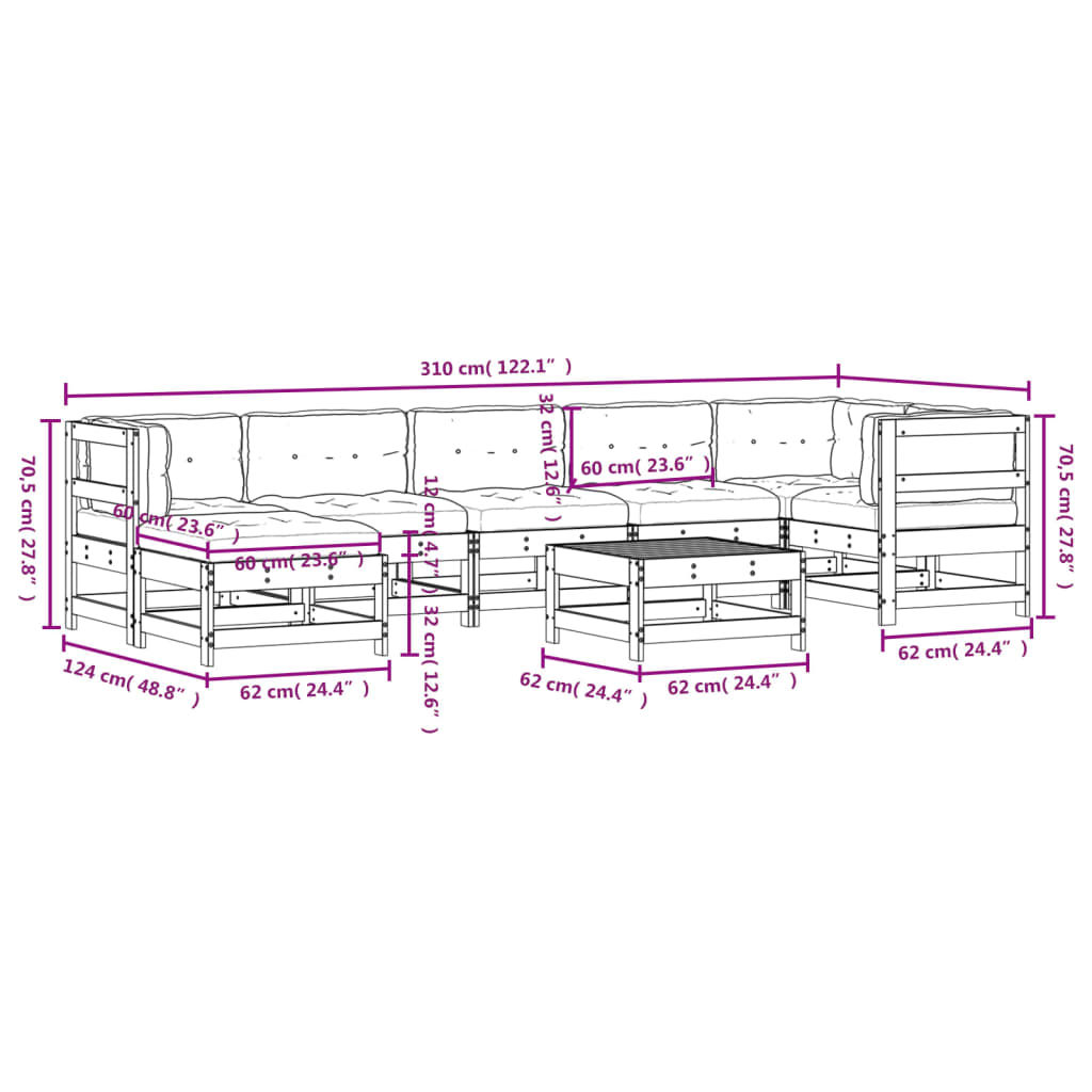 8-tlg. Garten-Lounge-Set mit Kissen Schwarz Massivholz