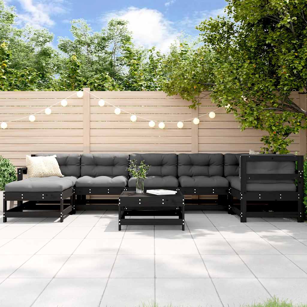 8-tlg. Garten-Lounge-Set mit Kissen Schwarz Massivholz