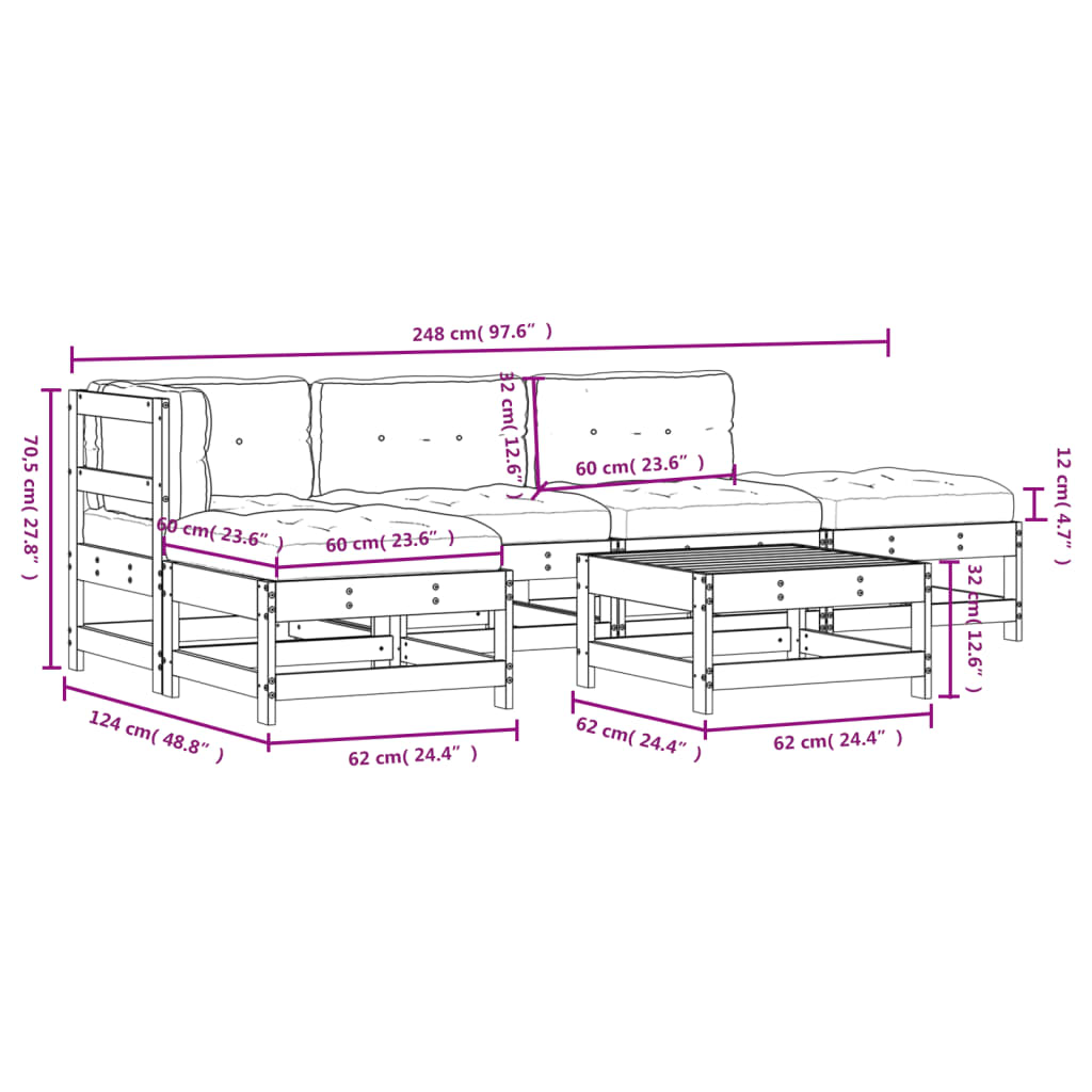 6-tlg. Garten-Lounge-Set mit Kissen Schwarz Massivholz