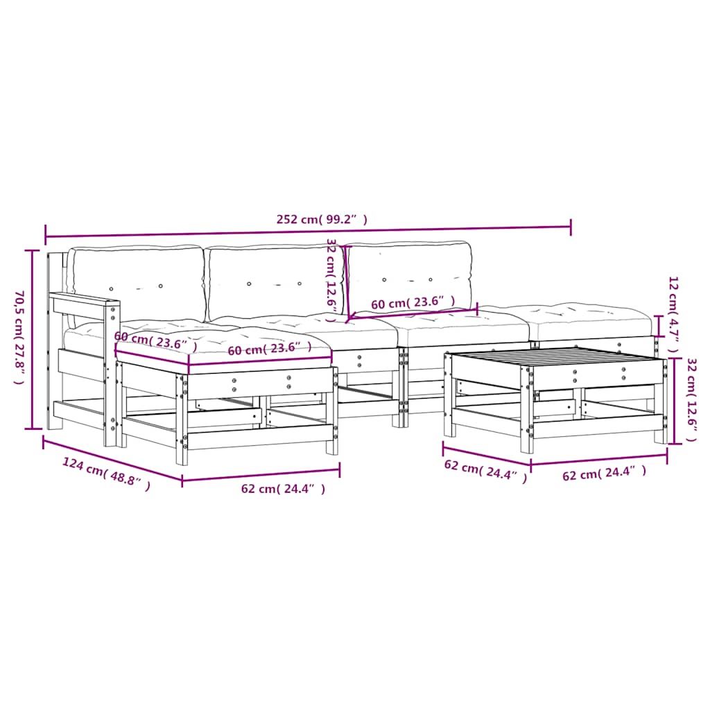 6-tlg. Garten-Lounge-Set mit Kissen Schwarz Massivholz