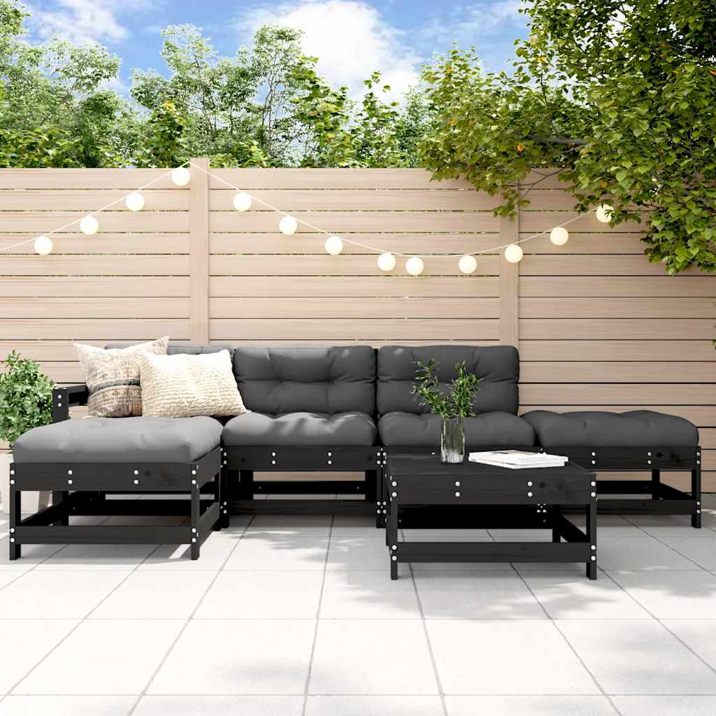 6-tlg. Garten-Lounge-Set mit Kissen Schwarz Massivholz