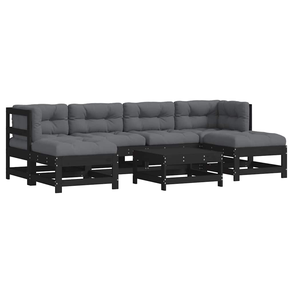 7-tlg. Garten-Lounge-Set mit Kissen Schwarz Massivholz