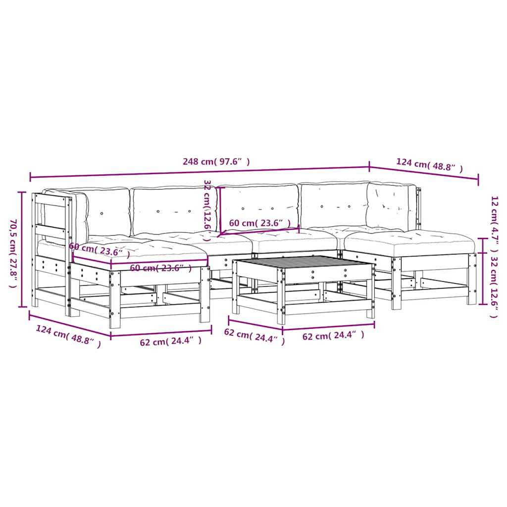 7-tlg. Garten-Lounge-Set mit Kissen Schwarz Massivholz