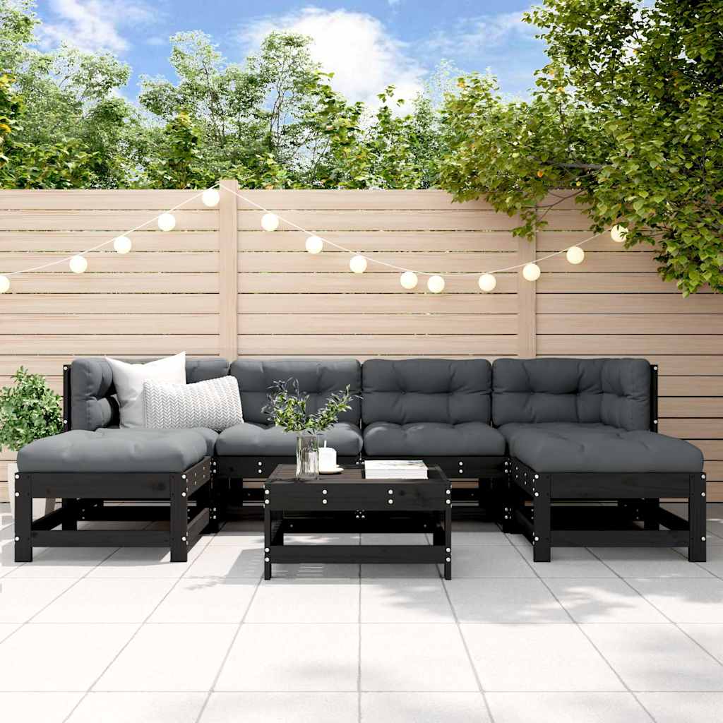 7-tlg. Garten-Lounge-Set mit Kissen Schwarz Massivholz