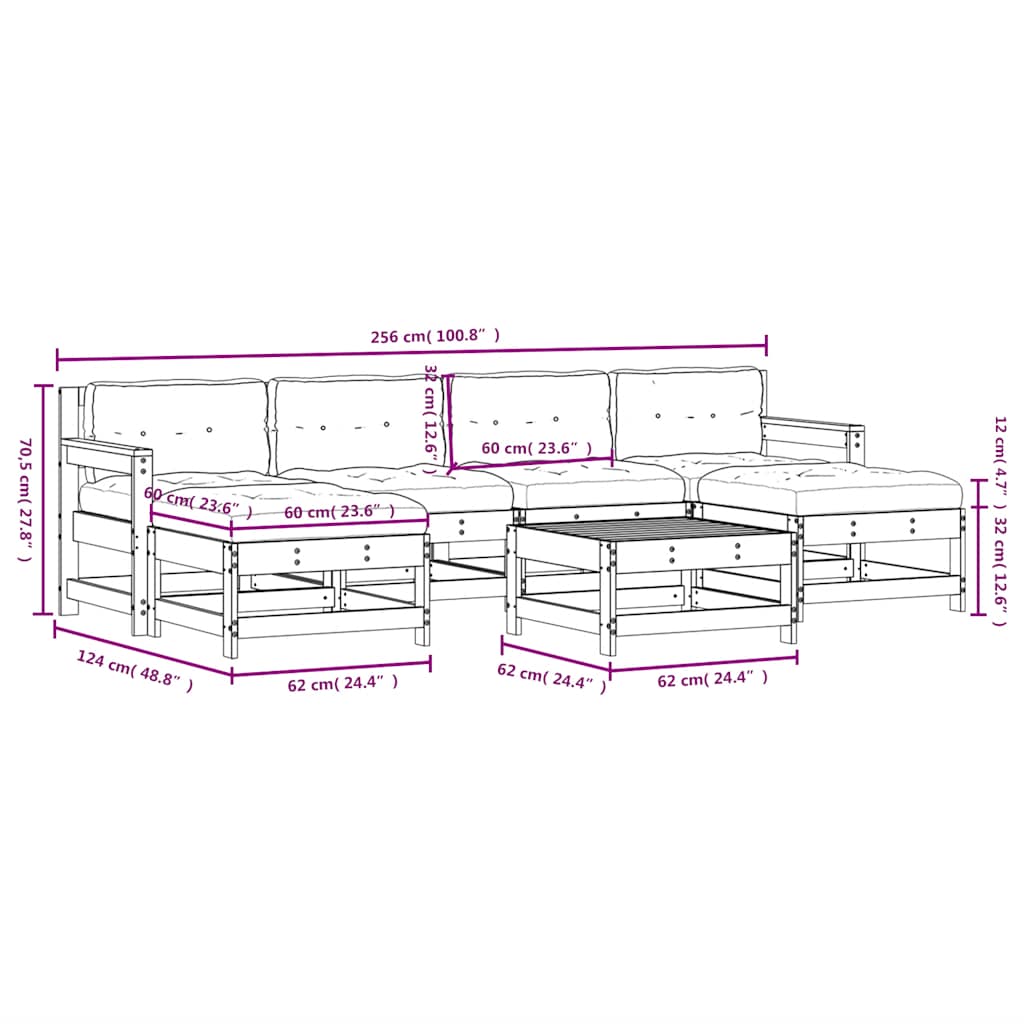 7-tlg. Garten-Lounge-Set mit Kissen Schwarz Massivholz