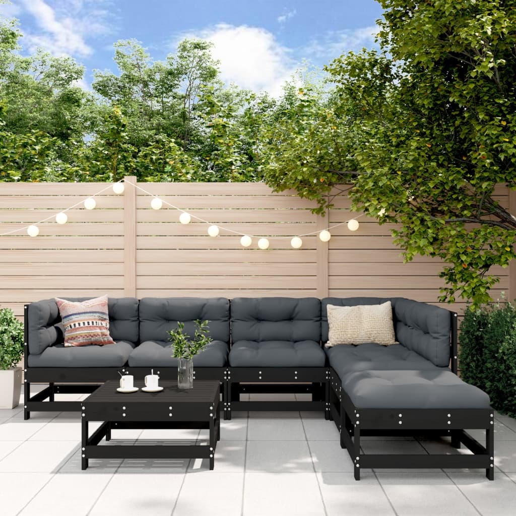 7-tlg. Garten-Lounge-Set mit Kissen Schwarz Massivholz