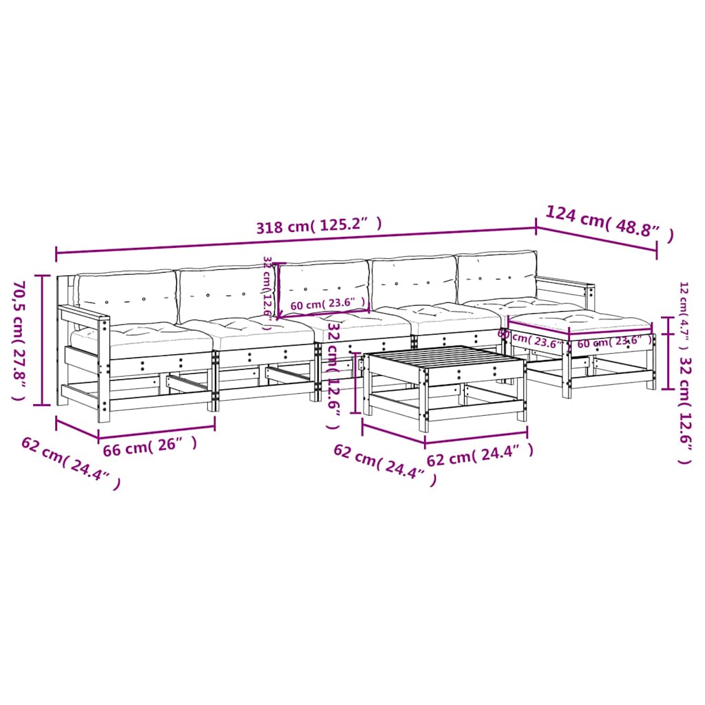 7-tlg. Garten-Lounge-Set mit Kissen Schwarz Massivholz