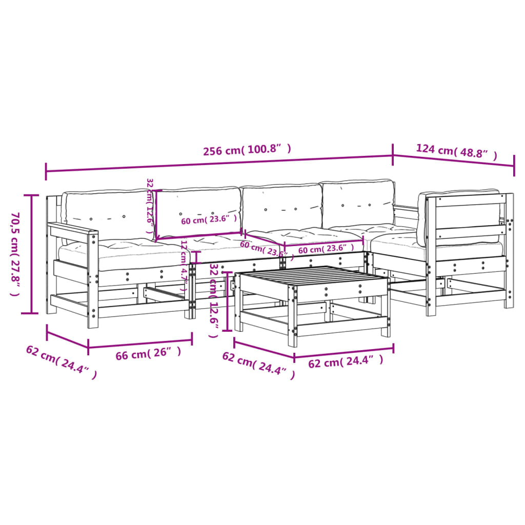6-tlg. Garten-Lounge-Set mit Kissen Schwarz Massivholz