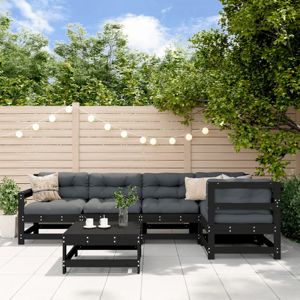 6-tlg. Garten-Lounge-Set mit Kissen Schwarz Massivholz