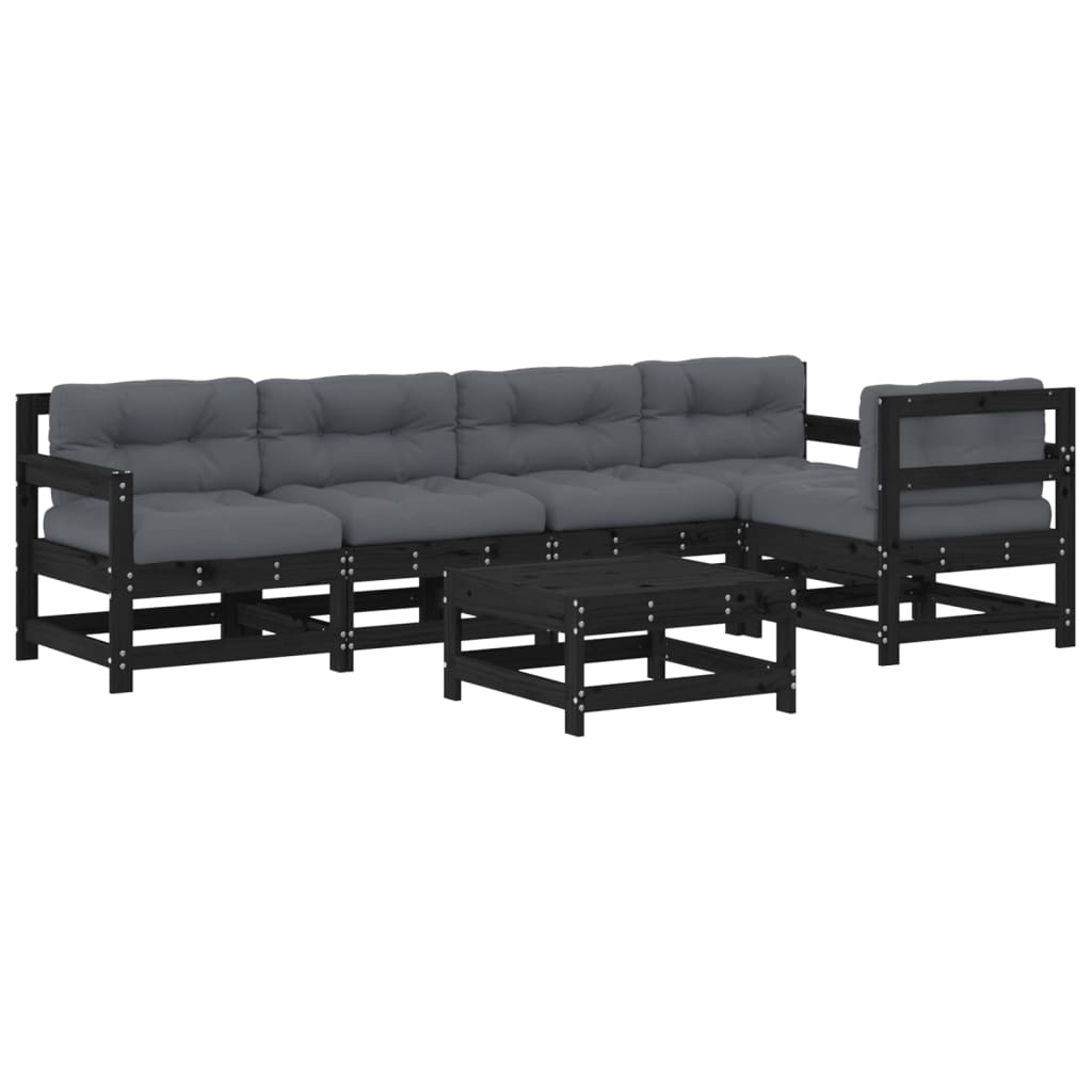 6-tlg. Garten-Lounge-Set mit Kissen Schwarz Massivholz