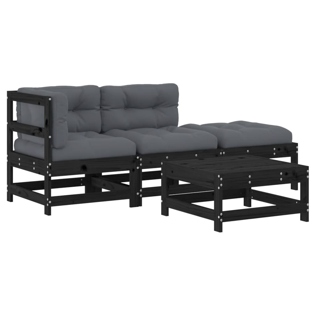 4-tlg. Garten-Lounge-Set mit Kissen Schwarz Massivholz