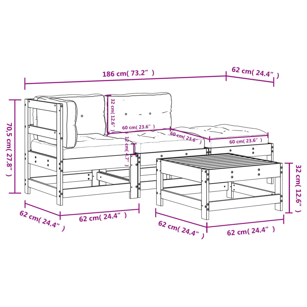 4-tlg. Garten-Lounge-Set mit Kissen Kiefernholz Imprägniert
