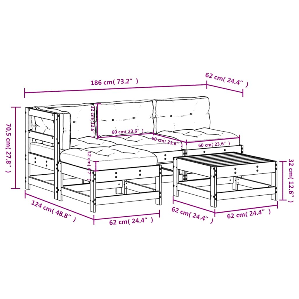 5-tlg. Garten-Lounge-Set mit Kissen Schwarz Massivholz
