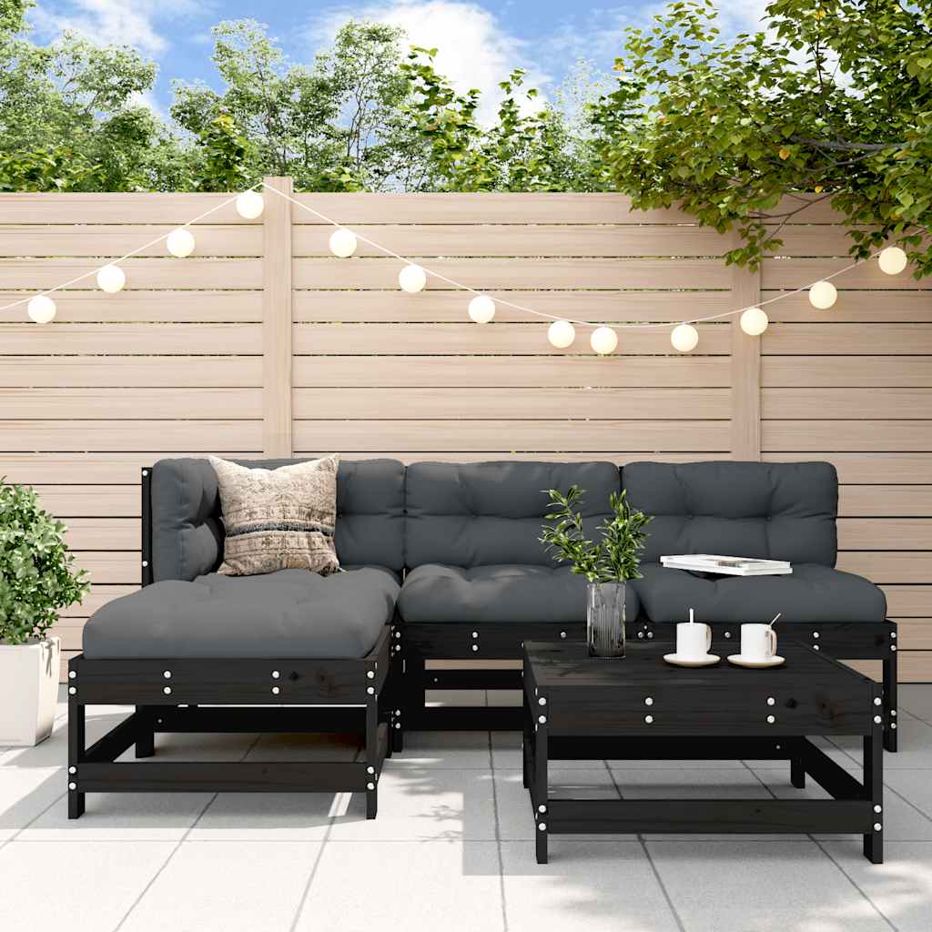 5-tlg. Garten-Lounge-Set mit Kissen Schwarz Massivholz