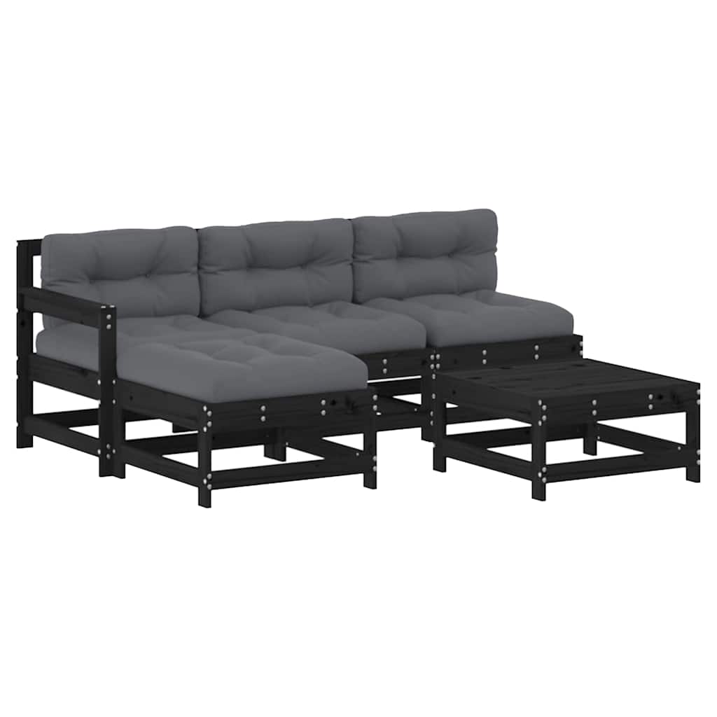 5-tlg. Garten-Lounge-Set mit Kissen Schwarz Massivholz