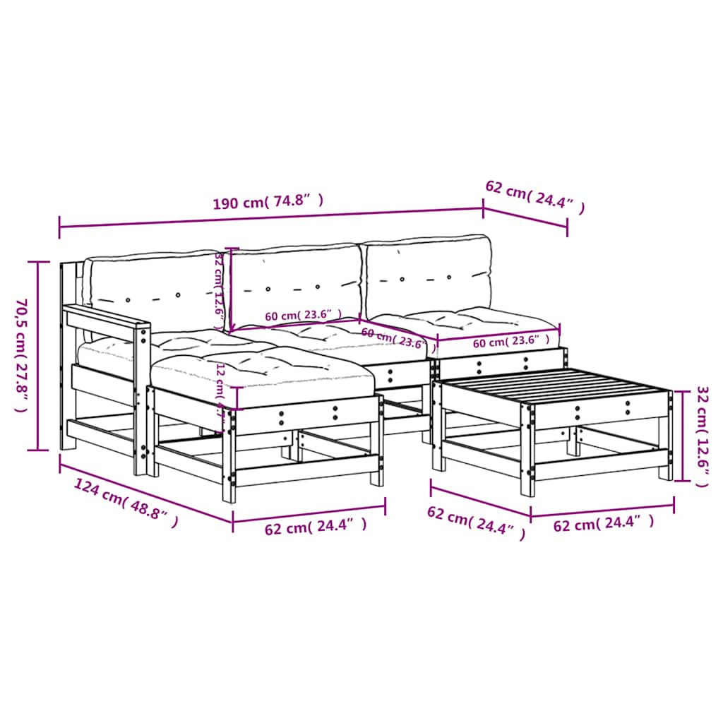 5-tlg. Garten-Lounge-Set mit Kissen Schwarz Massivholz
