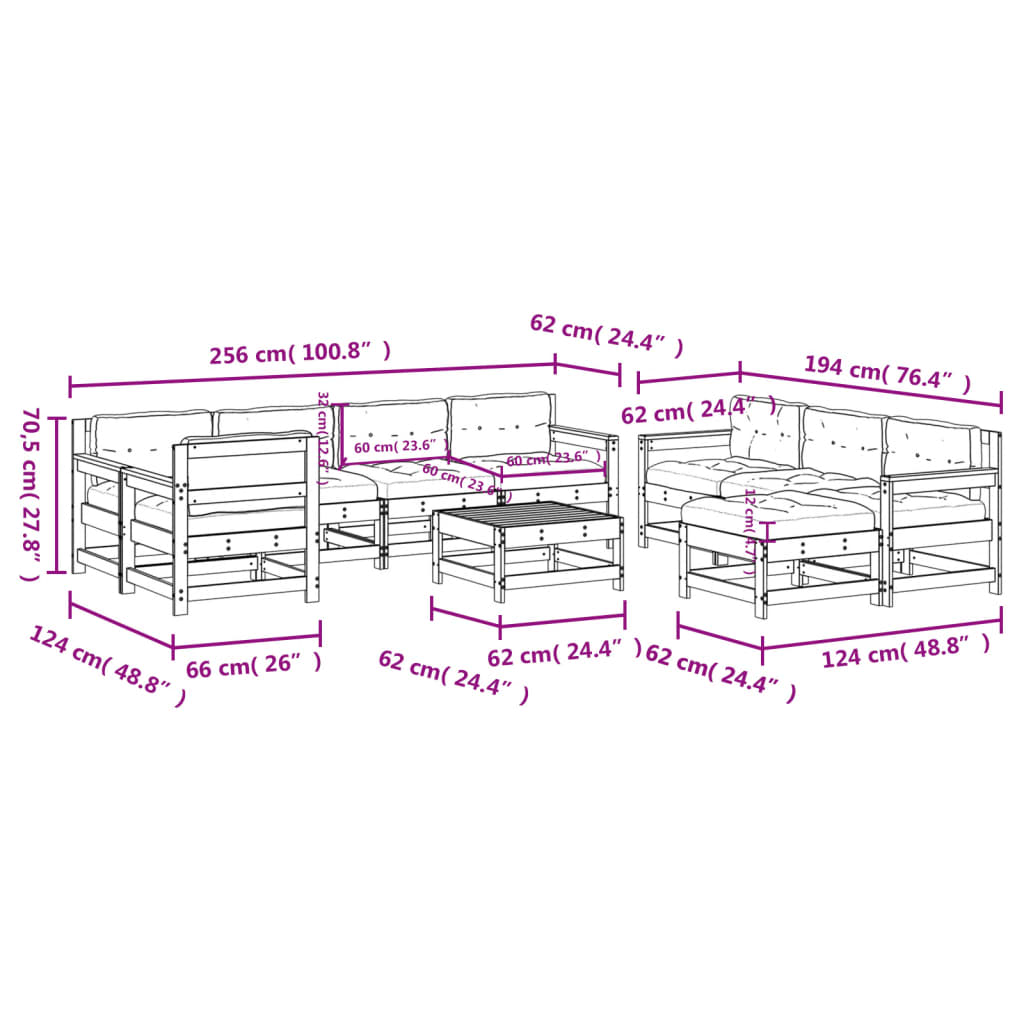 10-tlg. Garten-Lounge-Set mit Kissen Schwarz Massivholz