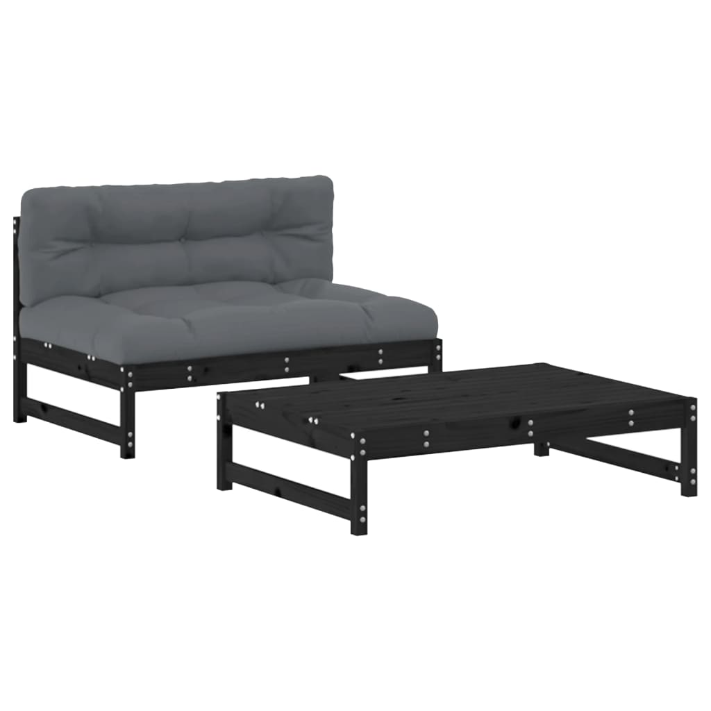 2-tlg. Garten-Lounge-Set mit Kissen Schwarz Massivholz