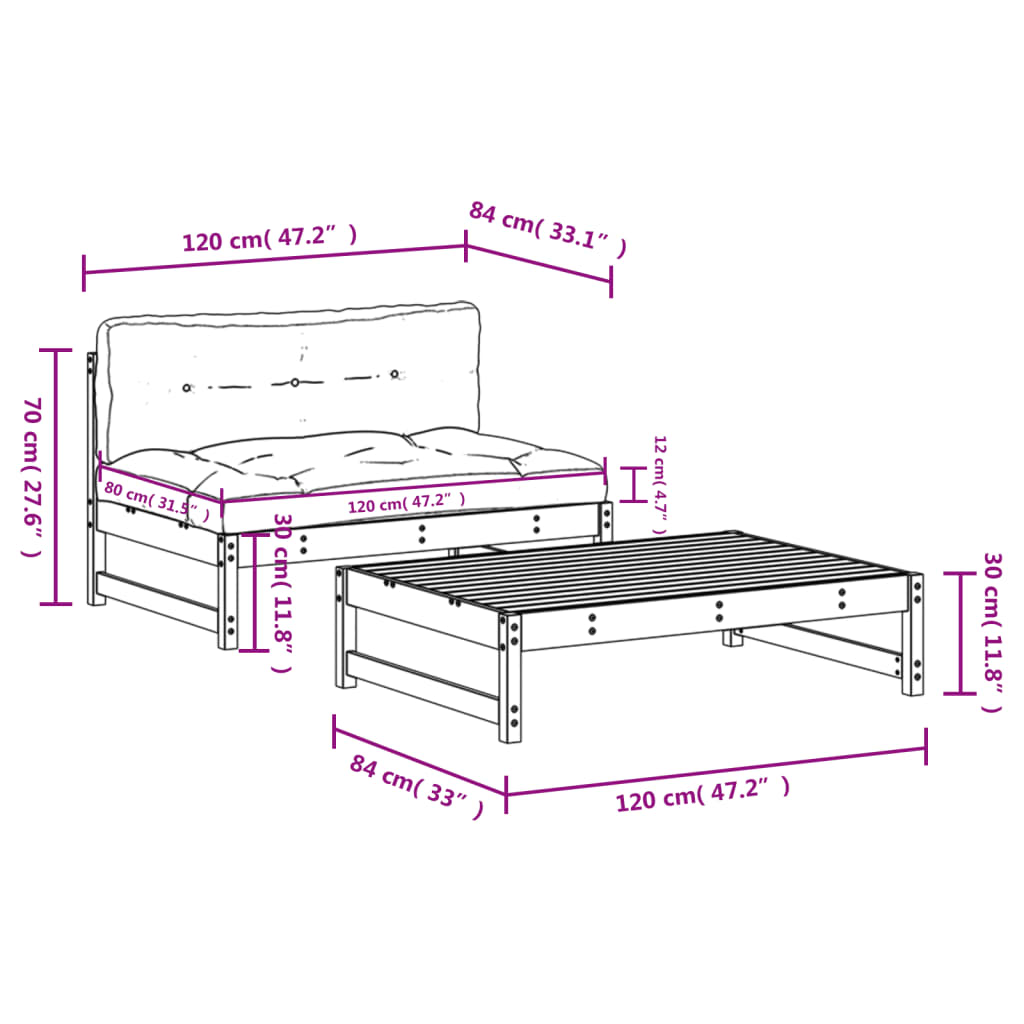 2-tlg. Garten-Lounge-Set mit Kissen Schwarz Massivholz