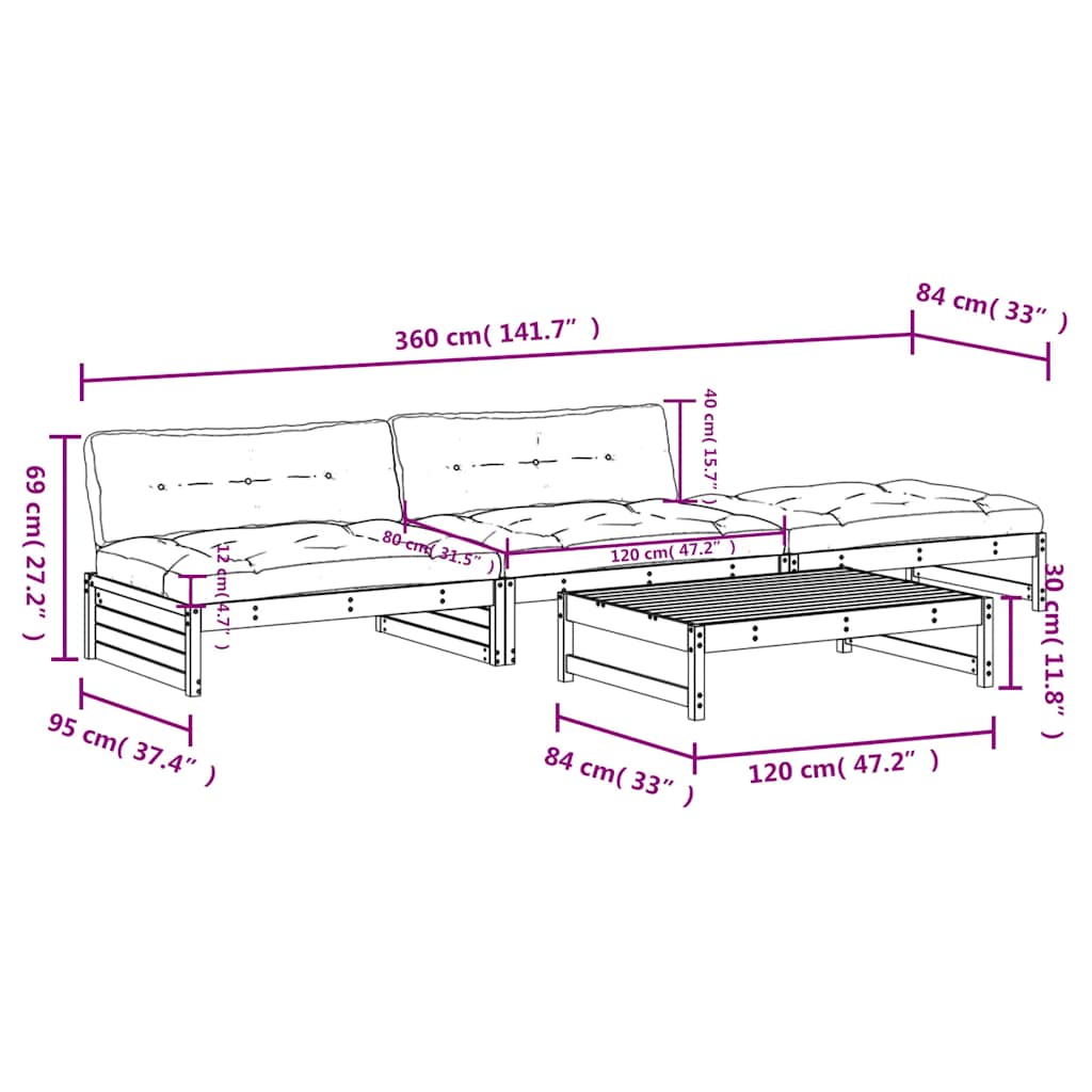 4-tlg. Garten-Lounge-Set mit Kissen Schwarz Massivholz