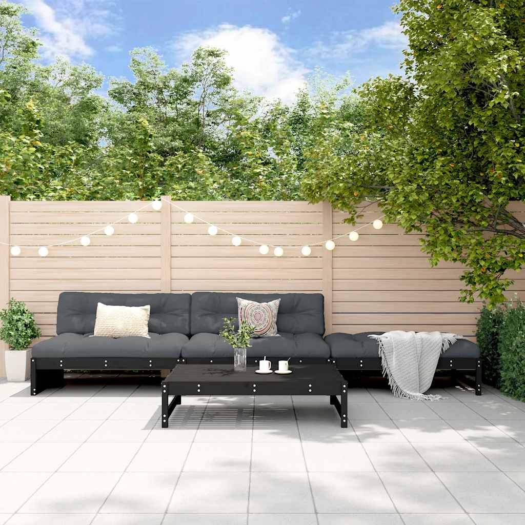 4-tlg. Garten-Lounge-Set mit Kissen Schwarz Massivholz
