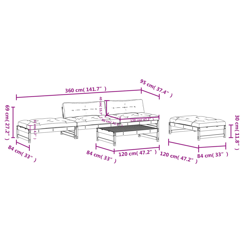 5-tlg. Garten-Lounge-Set mit Kissen Schwarz Massivholz