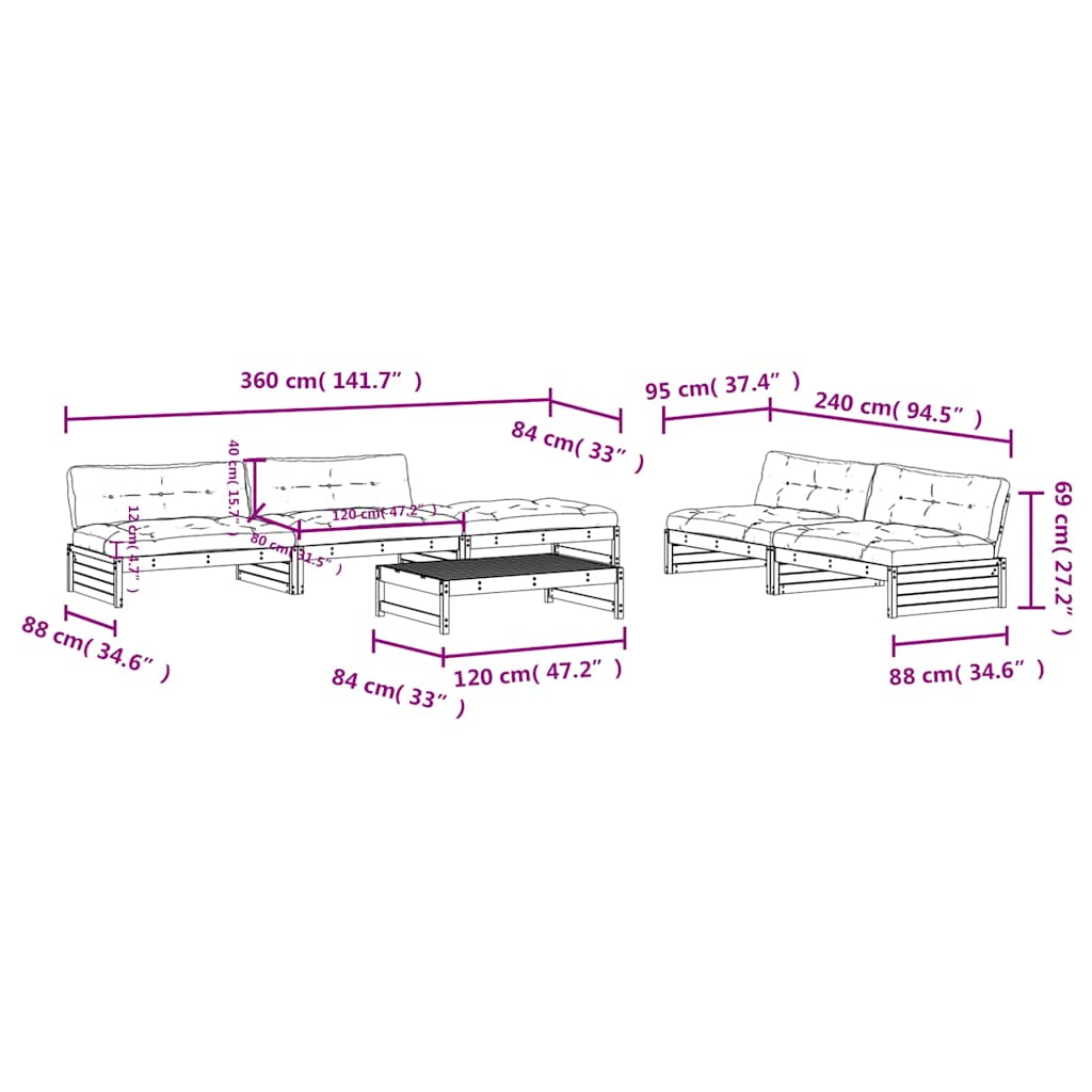 6-tlg. Garten-Lounge-Set mit Kissen Schwarz Massivholz