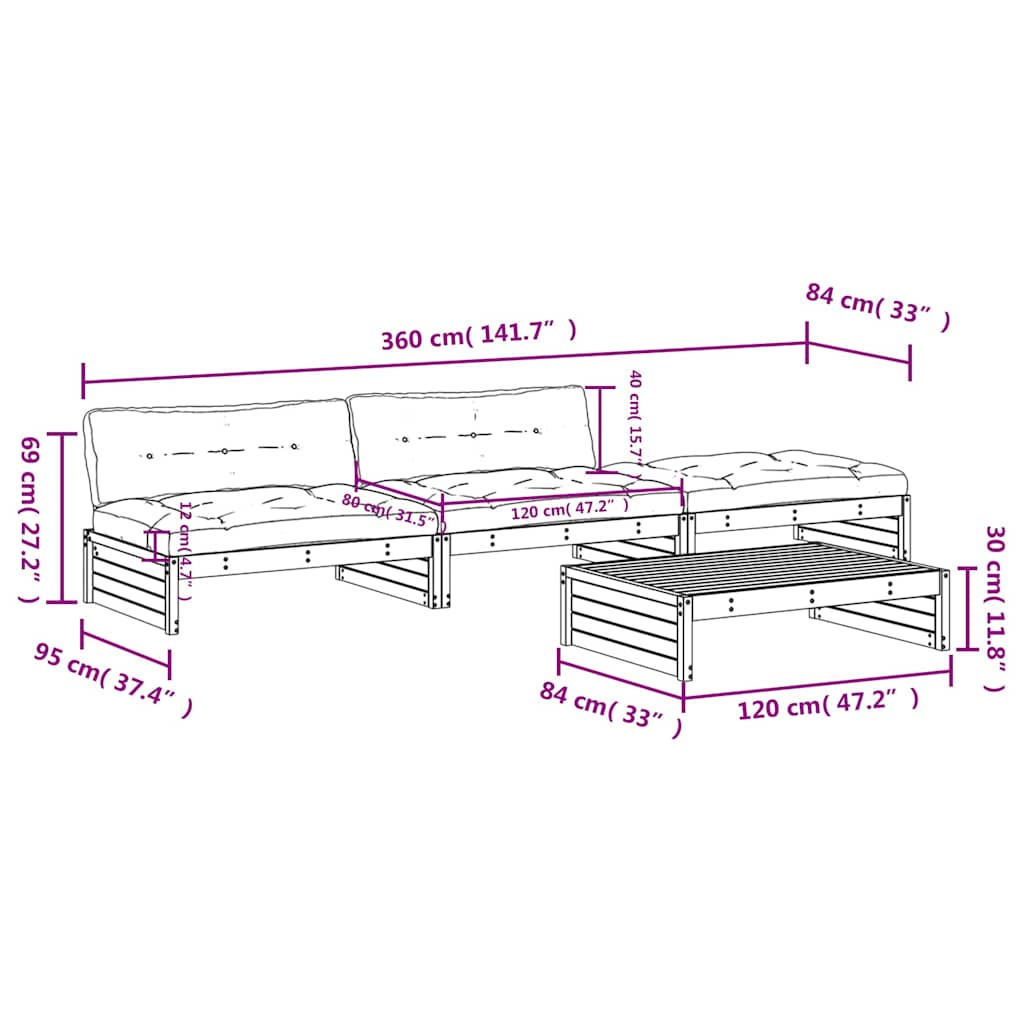 4-tlg. Garten-Lounge-Set mit Kissen Schwarz Massivholz