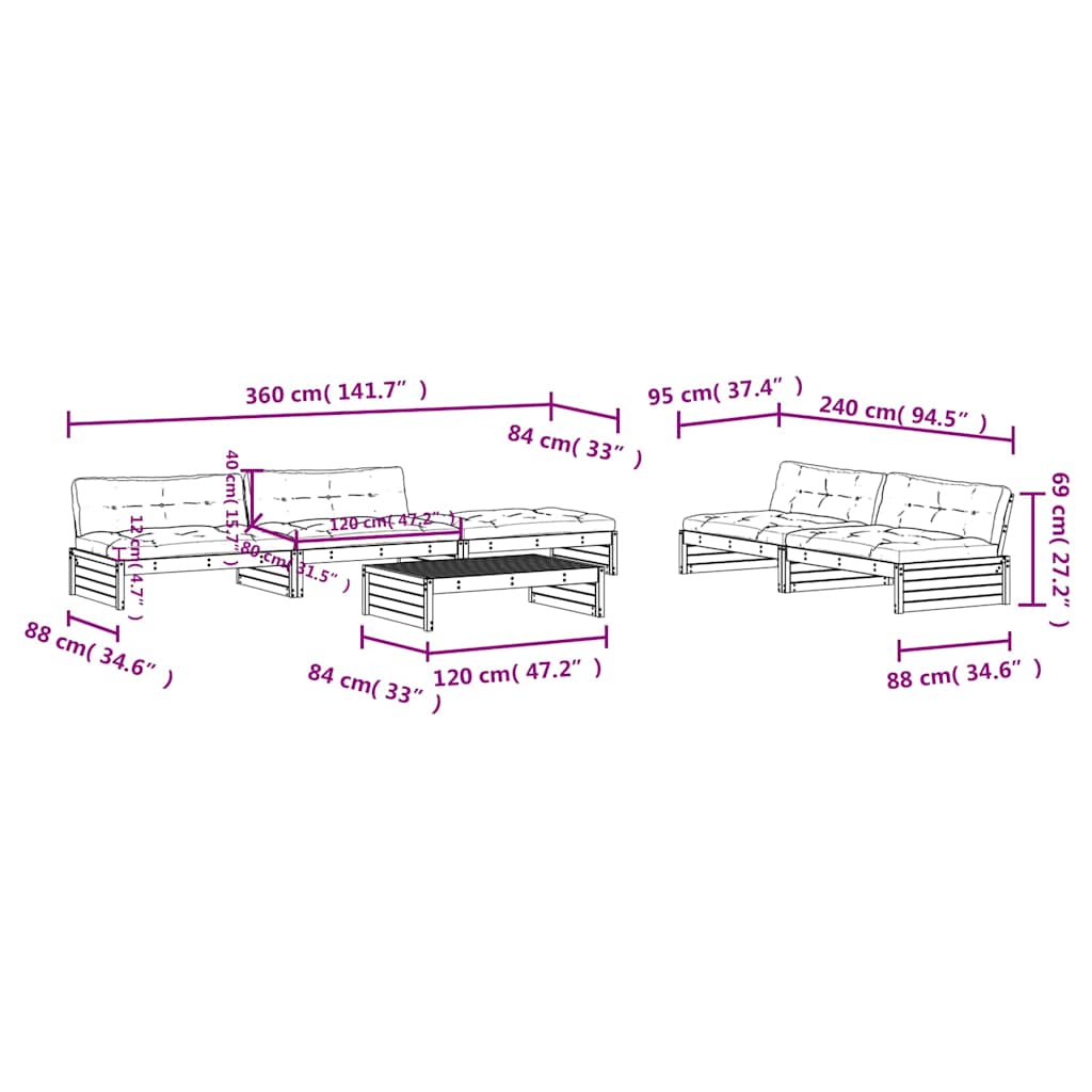 6-tlg. Garten-Lounge-Set mit Kissen Schwarz Massivholz