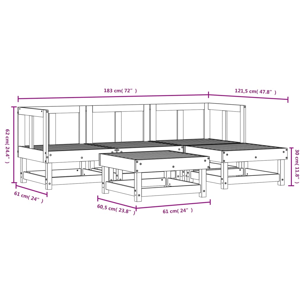 5-tlg. Garten-Lounge-Set Grau Massivholz Kiefer