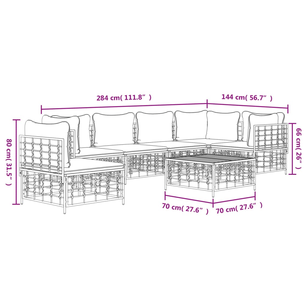 7-tlg. Garten-Lounge-Set mit Kissen Anthrazit Poly Rattan