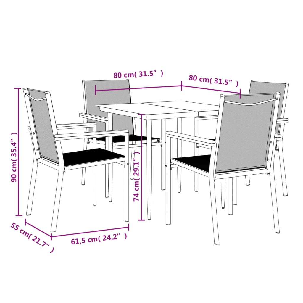 5-tlg. Garten-Essgruppe Schwarz Textilene und Stahl