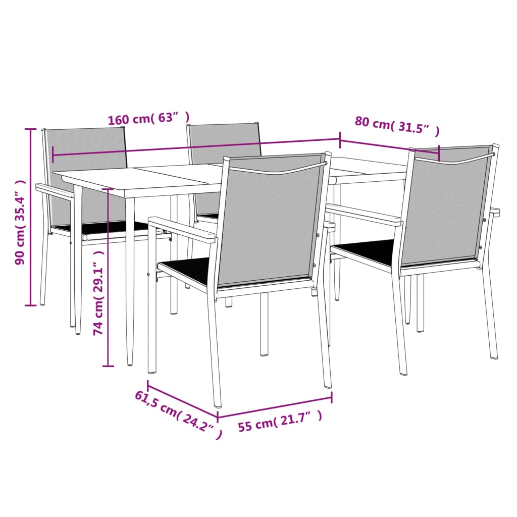 5-tlg. Garten-Essgruppe Schwarz Textilene und Stahl