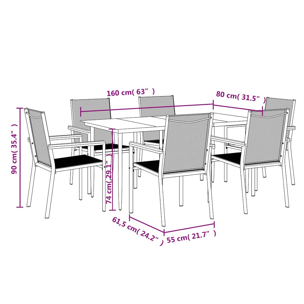 7-tlg. Garten-Essgruppe Schwarz Textilene und Stahl