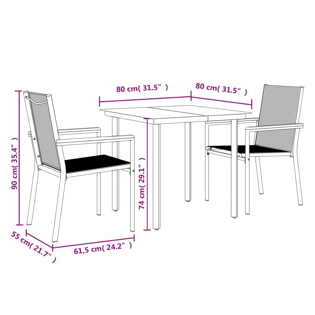 3-tlg. Garten-Essgruppe Schwarz Textilene und Stahl