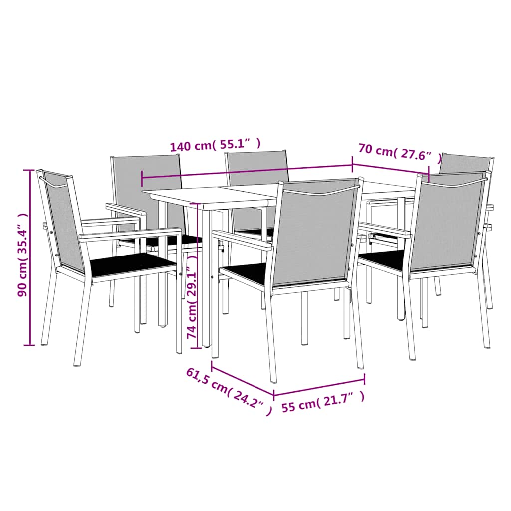 7-tlg. Garten-Essgruppe Schwarz Textilene und Stahl
