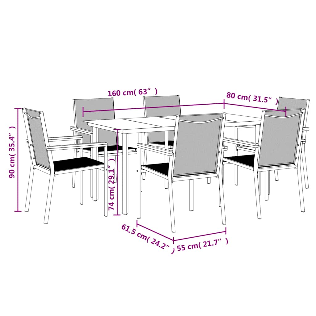 7-tlg. Garten-Essgruppe Schwarz Textilene und Stahl