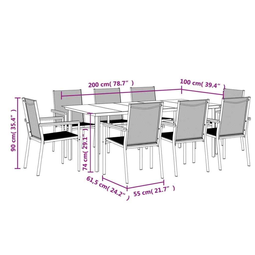 9-tlg. Garten-Essgruppe Schwarz Textilene und Stahl