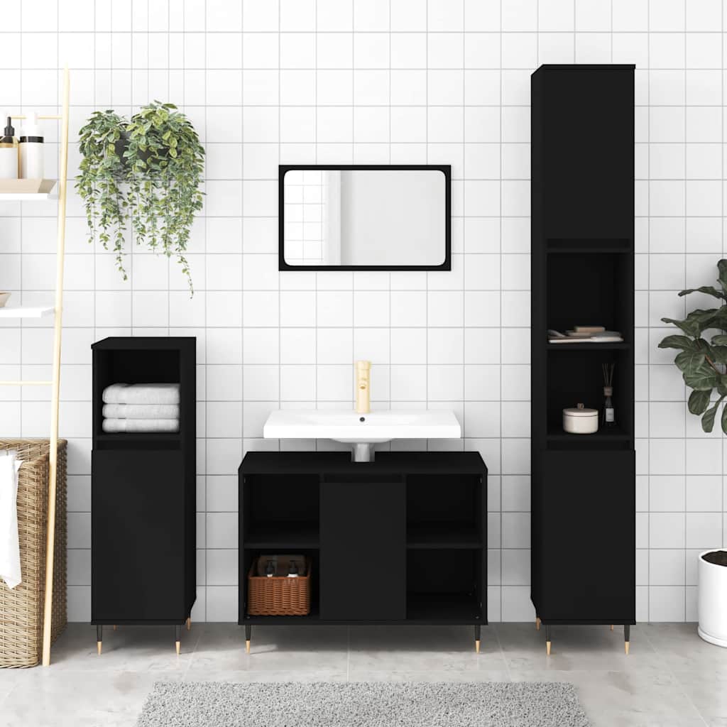 Badschrank Schwarz 30x30x100 cm Holzwerkstoff