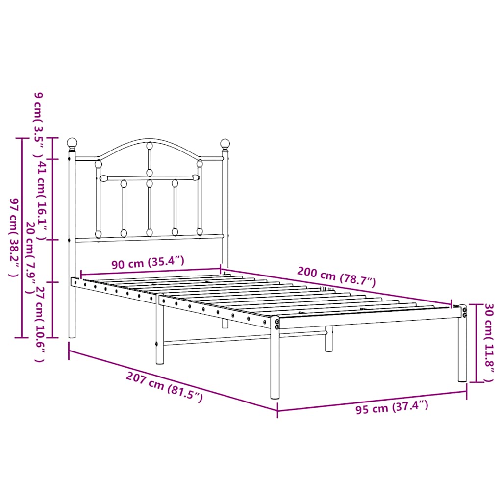 Bettgestell mit Kopfteil Metall Schwarz 90x200 cm