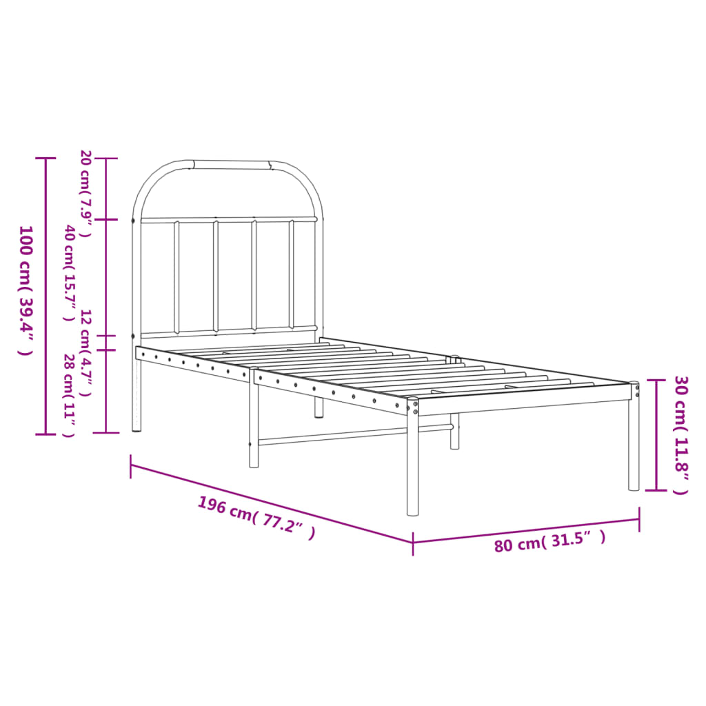 Metallbett ohne Matratze mit Kopfteil Weiß 75x190 cm