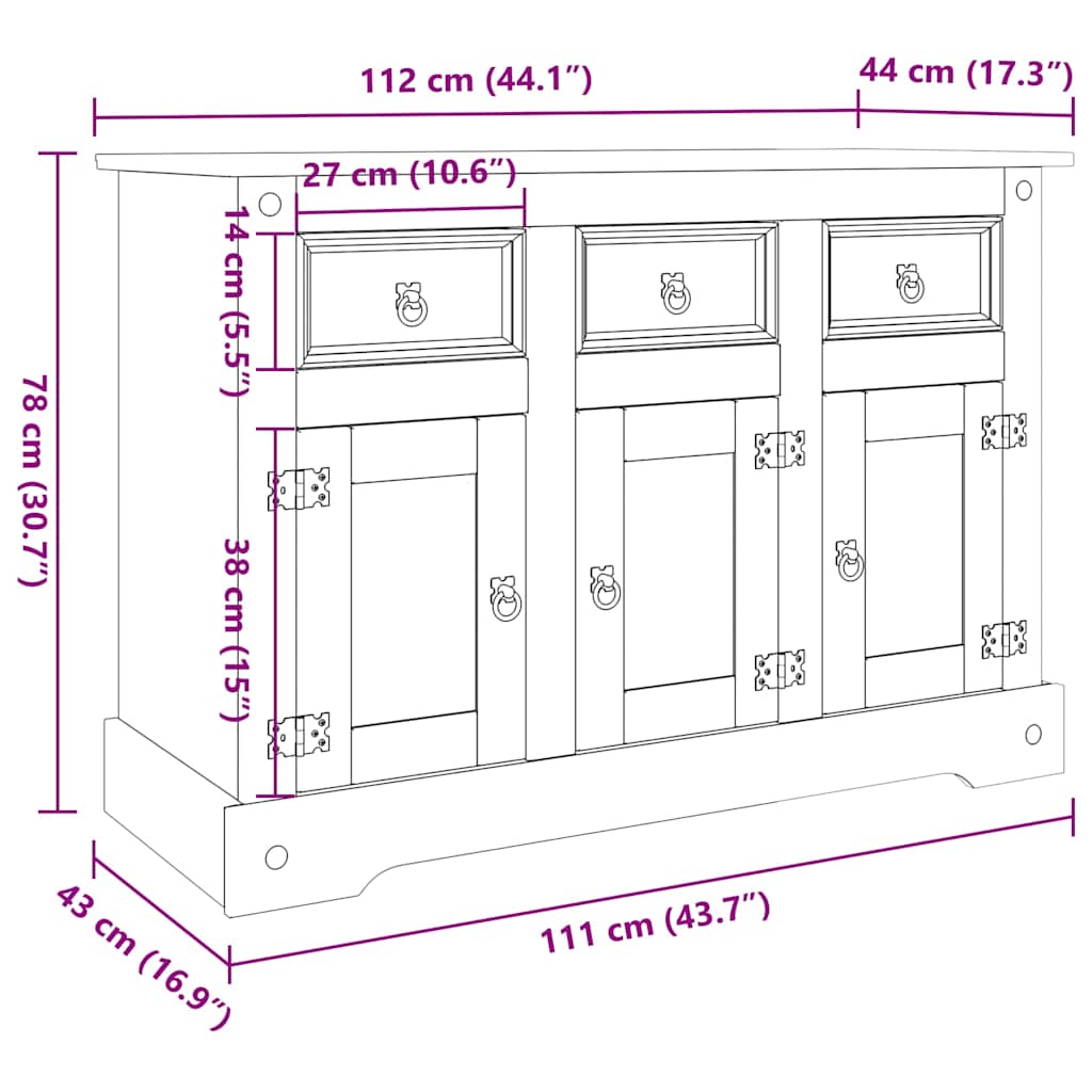 Sideboard "Corona" Braun 112x44x78 cm Massivholz Mexikanische Kiefer