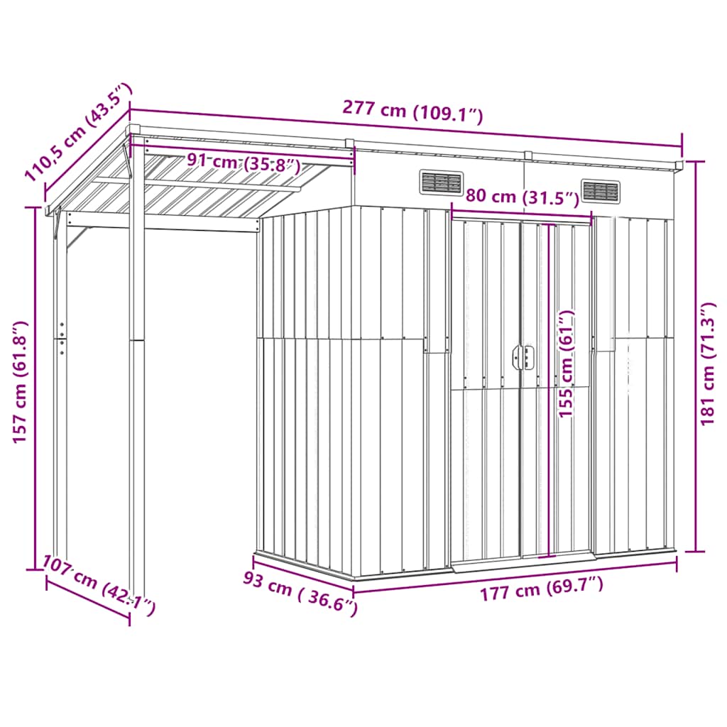 Gartenhaus mit Schleppdach Braun 277x107x181 cm Stahl