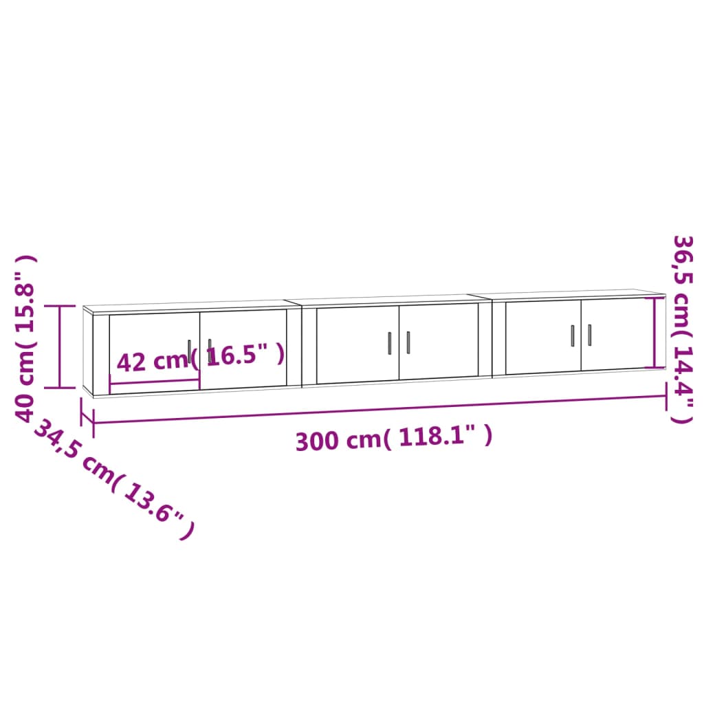 TV-Wandschränke 3 Stk. Grau Sonoma 100x34,5x40 cm