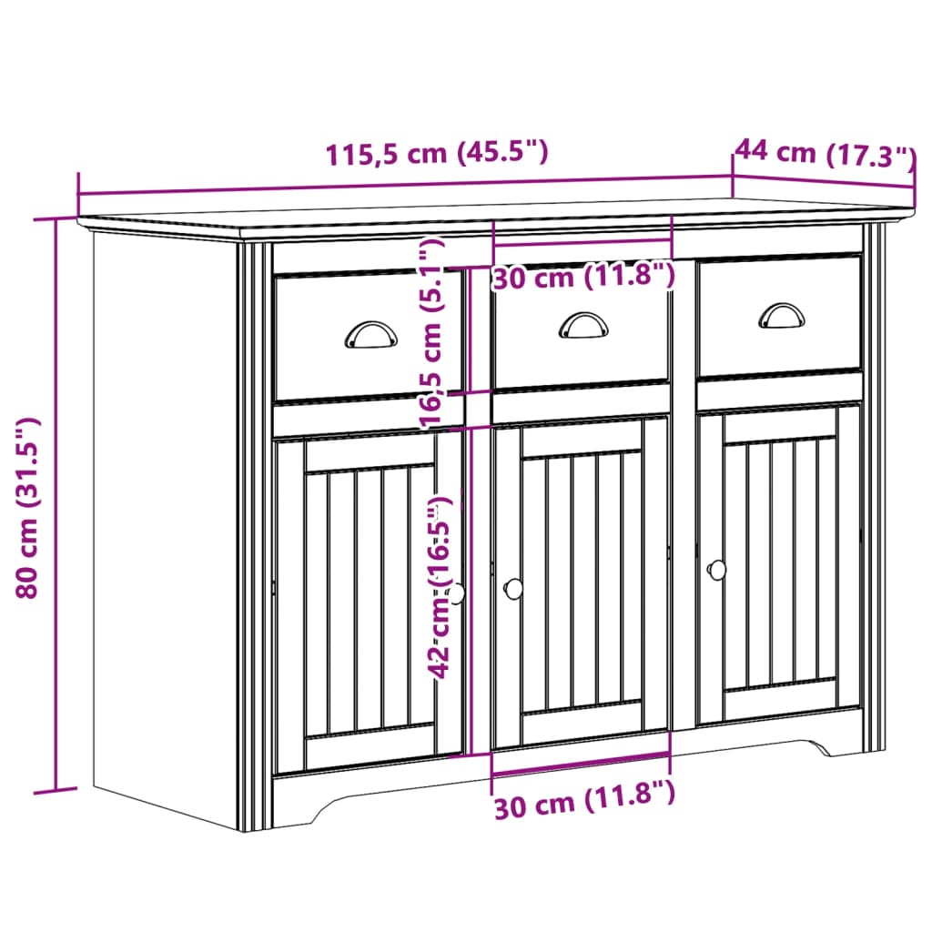Sideboard BODO Grau 115,5x44x80 cm Massivholz Kiefer