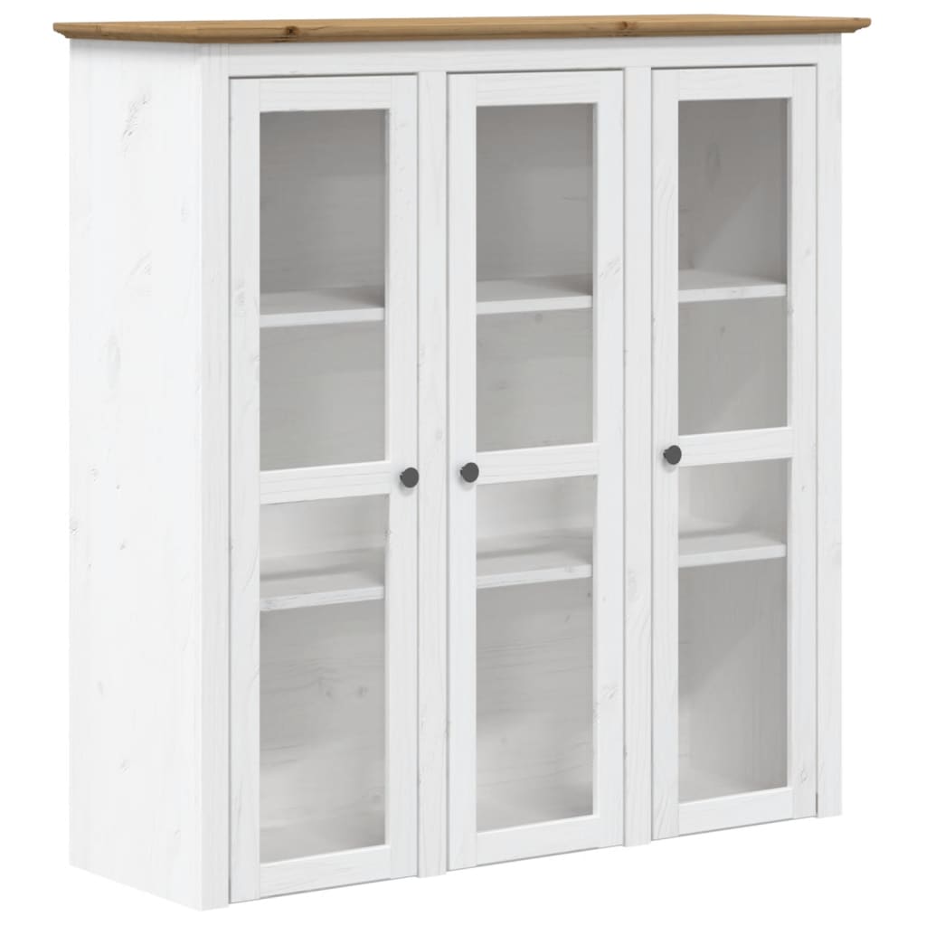 Vitrinenschrank mit Glastüren BODO Weiß und Braun Kiefernholz