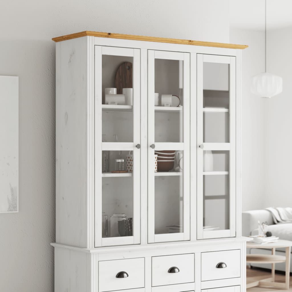 Vitrinenschrank mit Glastüren BODO Weiß und Braun Kiefernholz
