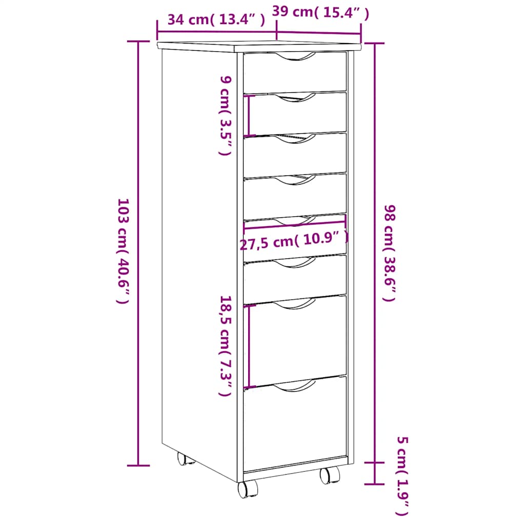 Rollschrank mit Schubladen MOSS Grau Massivholz Kiefer