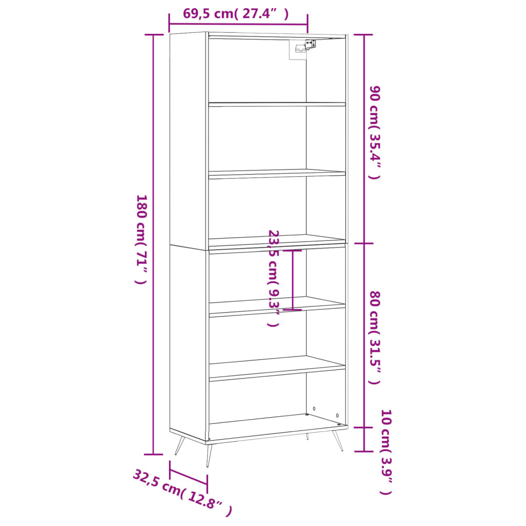 Highboard Hochglanz-Weiß 69,5x32,5x180 cm Holzwerkstoff